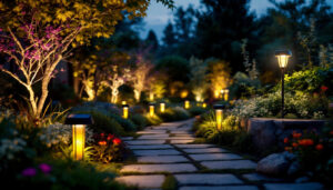 A photograph of a beautifully illuminated garden at dusk