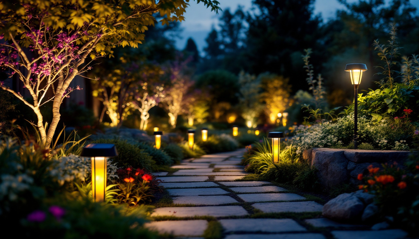 A photograph of a beautifully illuminated garden at dusk
