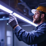 A photograph of a lighting contractor installing energy-efficient tube led lights in a commercial space