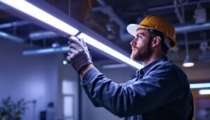 A photograph of a lighting contractor installing energy-efficient tube led lights in a commercial space
