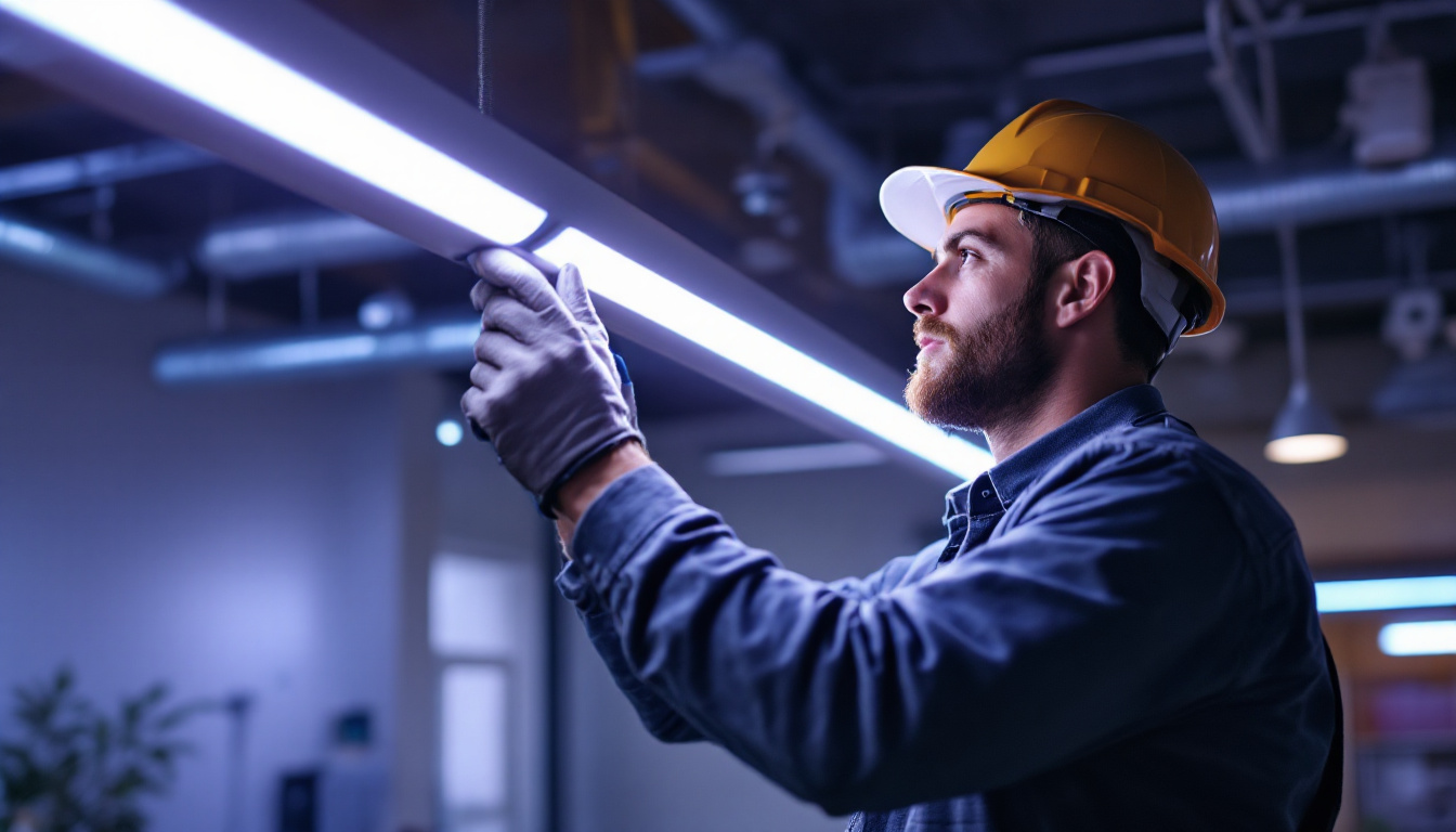 A photograph of a lighting contractor installing energy-efficient tube led lights in a commercial space