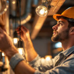 A photograph of a skilled lighting contractor at work