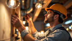 A photograph of a skilled lighting contractor at work