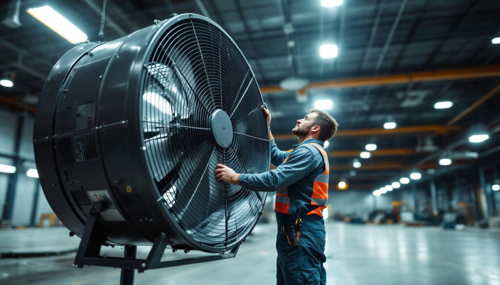 A photograph of a skilled lighting contractor installing or working alongside an industrial heavy-duty fan in a large commercial space