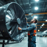 A photograph of a skilled lighting contractor installing or working alongside an industrial heavy-duty fan in a large commercial space