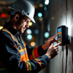 A photograph of a lighting contractor expertly adjusting a digital light timer on a well-lit job site