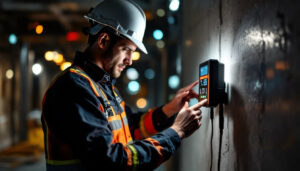 A photograph of a lighting contractor expertly adjusting a digital light timer on a well-lit job site