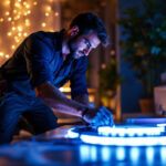 A photograph of a skilled lighting contractor installing 12v led ribbon lights in a stylish residential or commercial space