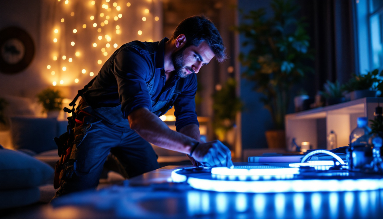 A photograph of a skilled lighting contractor installing 12v led ribbon lights in a stylish residential or commercial space