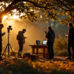 A photograph of a team of professionals working together to set up outdoor lighting in a natural setting