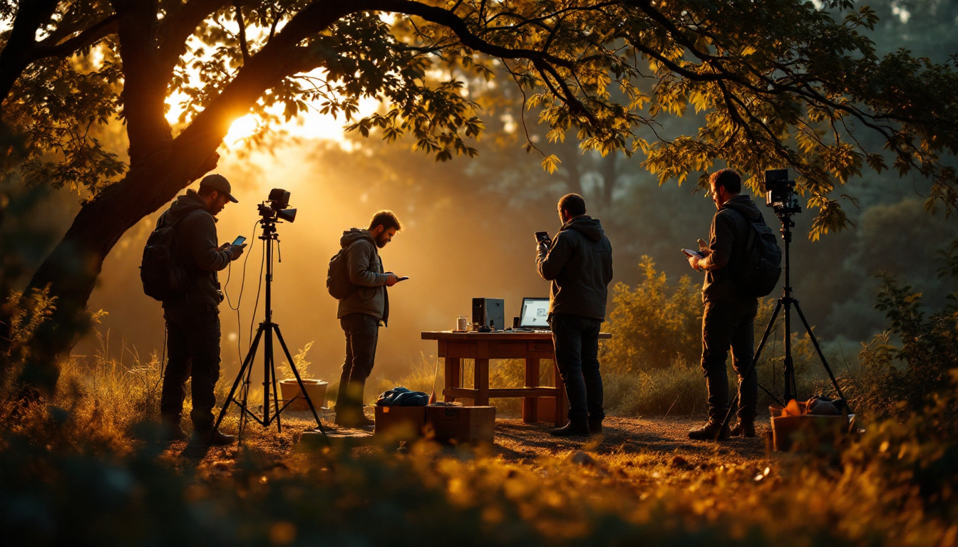 A photograph of a team of professionals working together to set up outdoor lighting in a natural setting