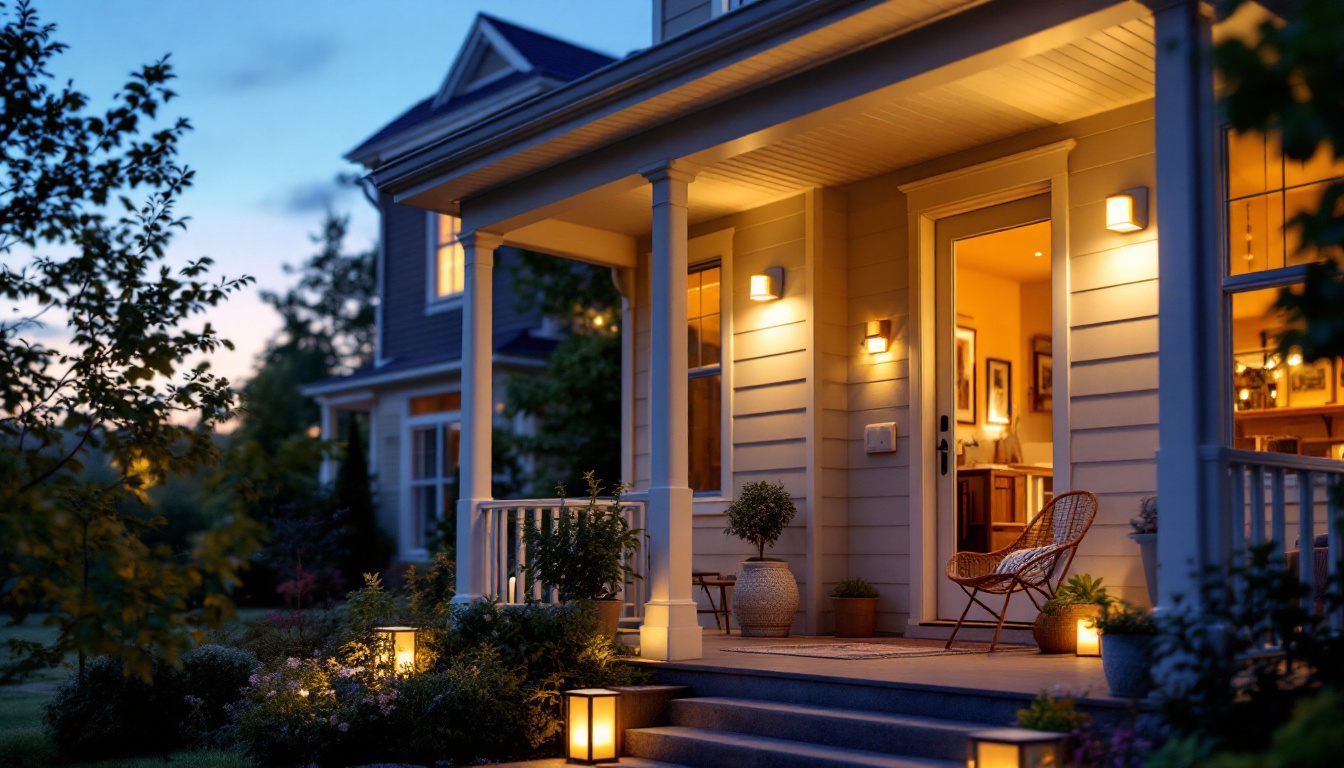 A photograph of a beautifully illuminated outside porch featuring a stylish smart lighting fixture