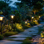 A photograph of a beautifully illuminated garden at dusk