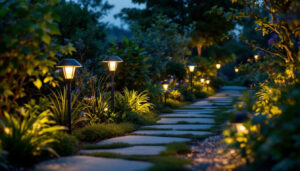 A photograph of a beautifully illuminated garden at dusk