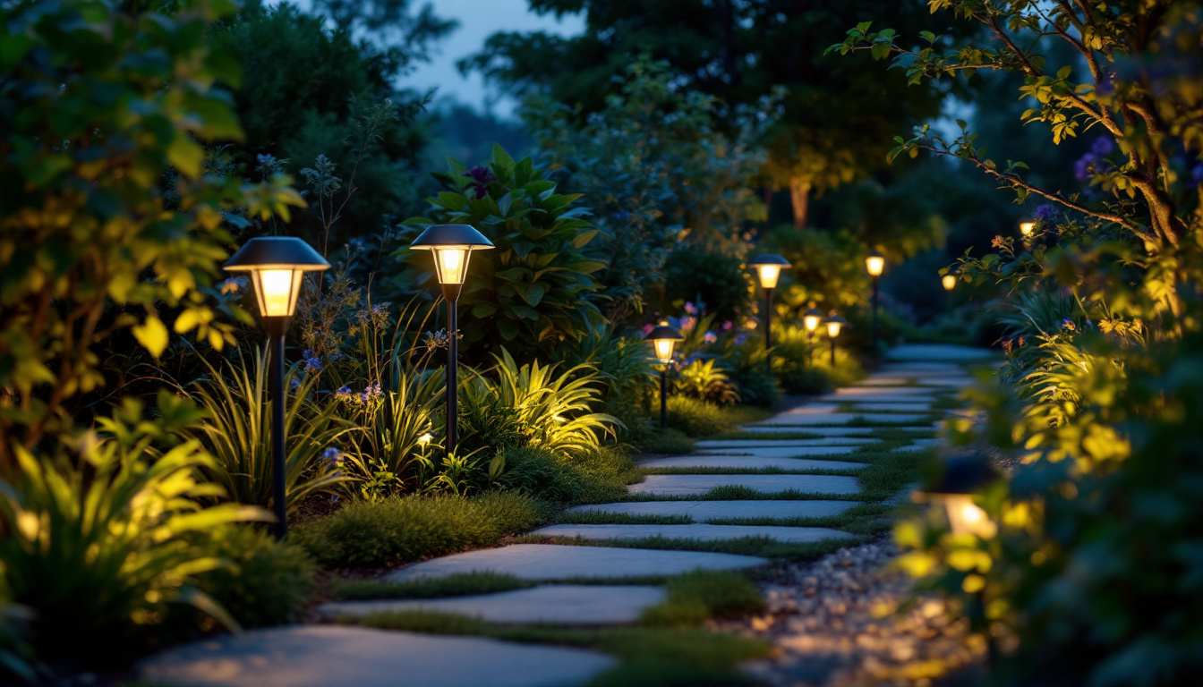 A photograph of a beautifully illuminated garden at dusk