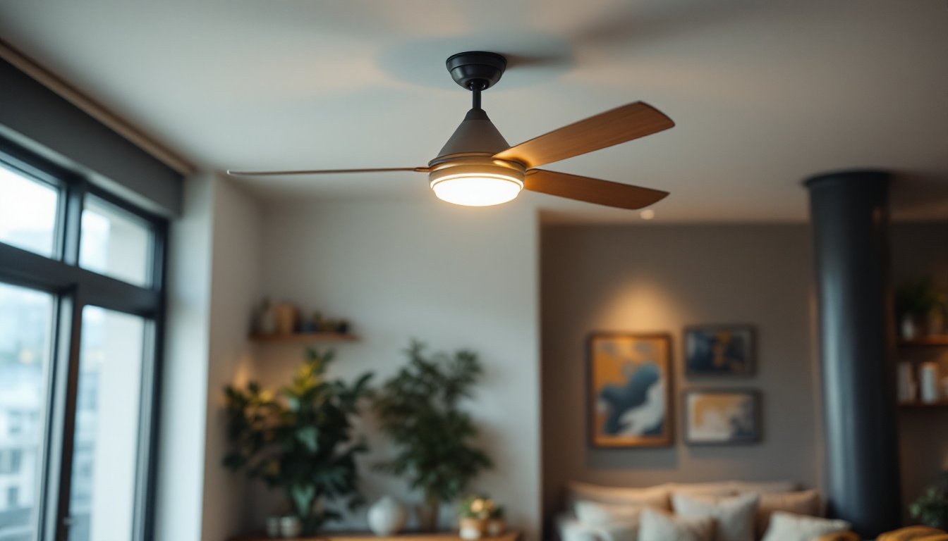 A photograph of a stylish ceiling fan with an integrated light kit installed in a well-lit