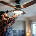 A photograph of a lighting contractor installing or adjusting a stylish ceiling fan with integrated lighting in a modern living space