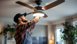 A photograph of a lighting contractor installing or adjusting a stylish ceiling fan with integrated lighting in a modern living space