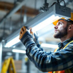 A photograph of capture a photograph of a lighting professional carefully changing out a fluorescent light fixture in a commercial or industrial setting