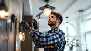 A photograph of a skilled lighting contractor expertly installing or adjusting elegant light fixtures in a modern residential or commercial space