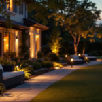 A photograph of a beautifully illuminated outdoor landscape featuring various landscape lighting fixtures in use