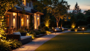 A photograph of a beautifully illuminated outdoor landscape featuring various landscape lighting fixtures in use