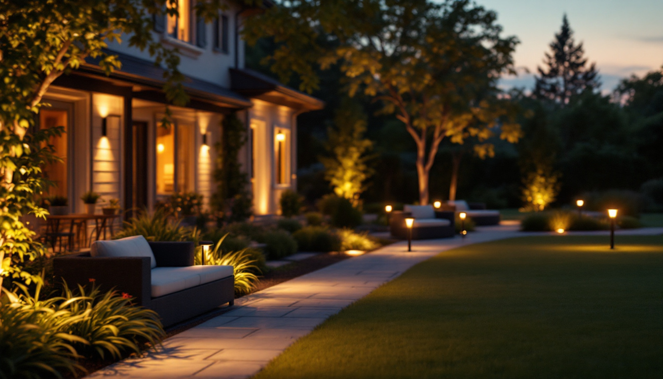 A photograph of a beautifully illuminated outdoor landscape featuring various landscape lighting fixtures in use