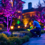A photograph of a beautifully illuminated outdoor scene featuring color-changing landscape lights in action