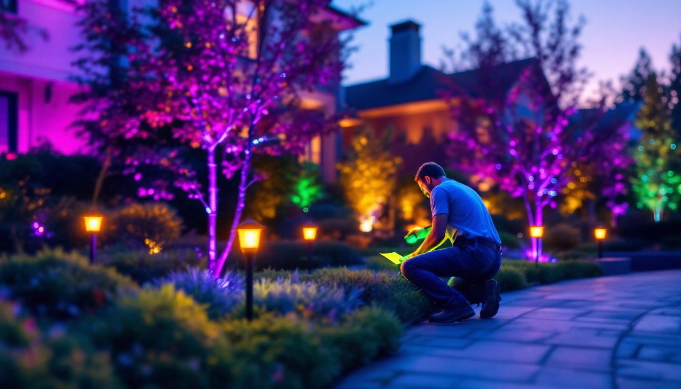 A photograph of a beautifully illuminated outdoor scene featuring color-changing landscape lights in action