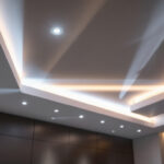 A photograph of a beautifully designed ceiling featuring recessed lighting in a modern interior setting