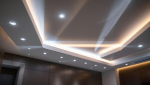 A photograph of a beautifully designed ceiling featuring recessed lighting in a modern interior setting
