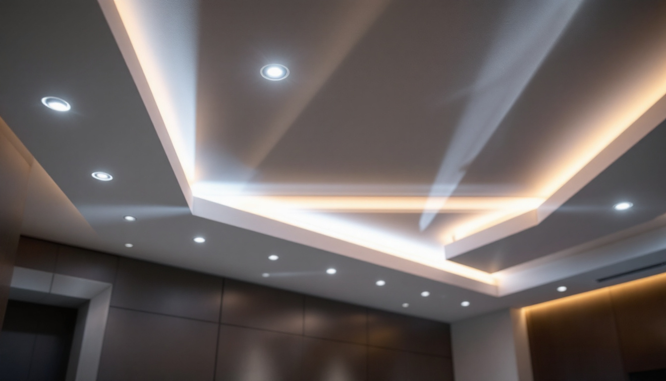 A photograph of a beautifully designed ceiling featuring recessed lighting in a modern interior setting