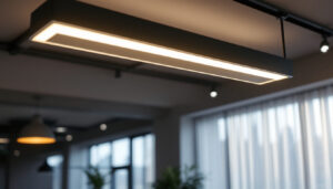 A photograph of a beautifully designed long ceiling light fixture installed in a modern space