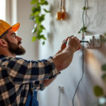A photograph of a skilled electrician or lighting contractor working on a complex 3-way light switch installation
