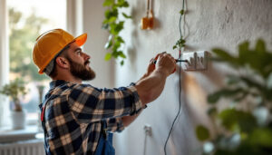 A photograph of a skilled electrician or lighting contractor working on a complex 3-way light switch installation