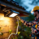 A photograph of a lighting contractor installing a flood light with an integrated outlet in an outdoor setting