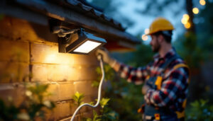 A photograph of a lighting contractor installing a flood light with an integrated outlet in an outdoor setting