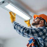 A photograph of a lighting contractor skillfully removing a fluorescent light fixture from a ceiling