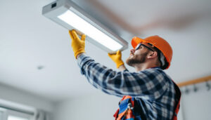 A photograph of a lighting contractor skillfully removing a fluorescent light fixture from a ceiling