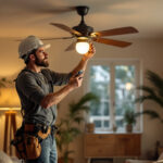 A photograph of a skilled lighting contractor installing a stylish fan and light fixture in a beautifully designed living space