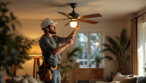 A photograph of a skilled lighting contractor installing a stylish fan and light fixture in a beautifully designed living space