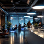 A photograph of a modern commercial space featuring sleek led light fixtures