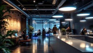 A photograph of a modern commercial space featuring sleek led light fixtures