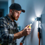 A photograph of a skilled lighting contractor wiring a light switch outlet in a well-lit