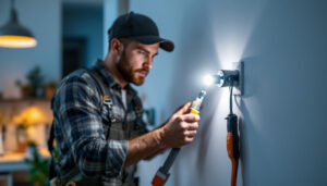 A photograph of a skilled lighting contractor wiring a light switch outlet in a well-lit