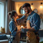 A photograph of a lighting contractor installing led bulbs in a modern residential setting
