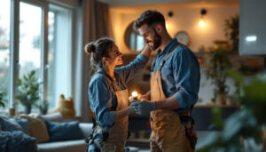 A photograph of a lighting contractor installing led bulbs in a modern residential setting