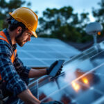 A photograph of a lighting contractor installing solar panels on a residential roof