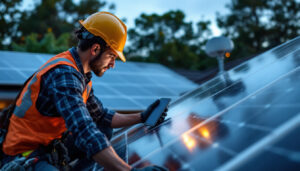 A photograph of a lighting contractor installing solar panels on a residential roof