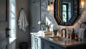 A photograph of a beautifully designed bathroom featuring elegant vanity lighting